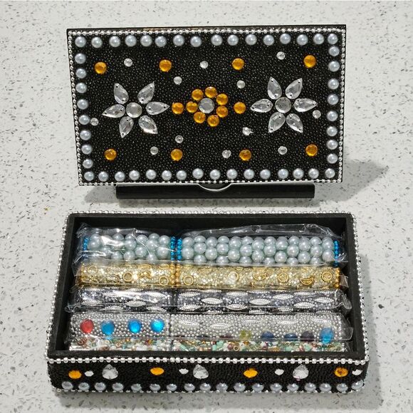 Beautiful, Hand Beaded Box with 5 Beaded Pens Inside. NIB - Picture 1 of 6